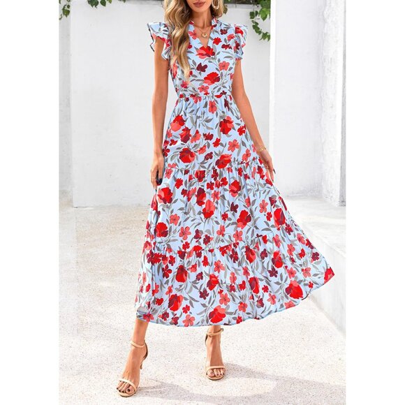 Women's Floral Midi Dress Summer Boho V Neck Cap Sleeve Ruffle Beach - Picture 3 of 8